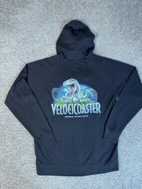 Jurassic World Hoodie Mens L Black VelociCoaster Pullover Hooded Graphic Fleece